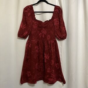 Roxy Womens Red Floral Smocked Knee-Length Maxi Dress Puff Sleeve Large Preowned